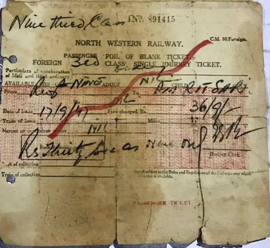 North Western Railway ticket from Rawalpindi to Amritsar